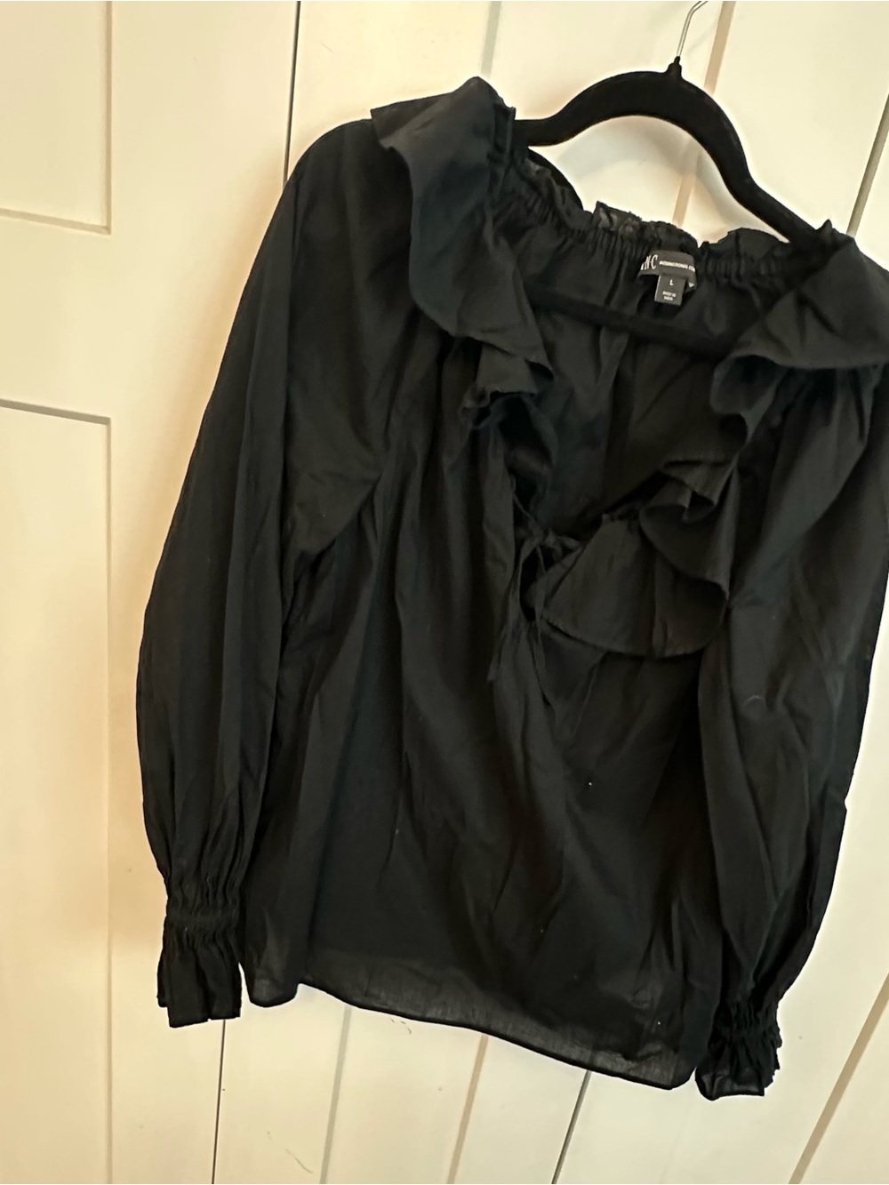 INC International Concepts Black Ruffle Tie-Neck Long Sleeve Blouse